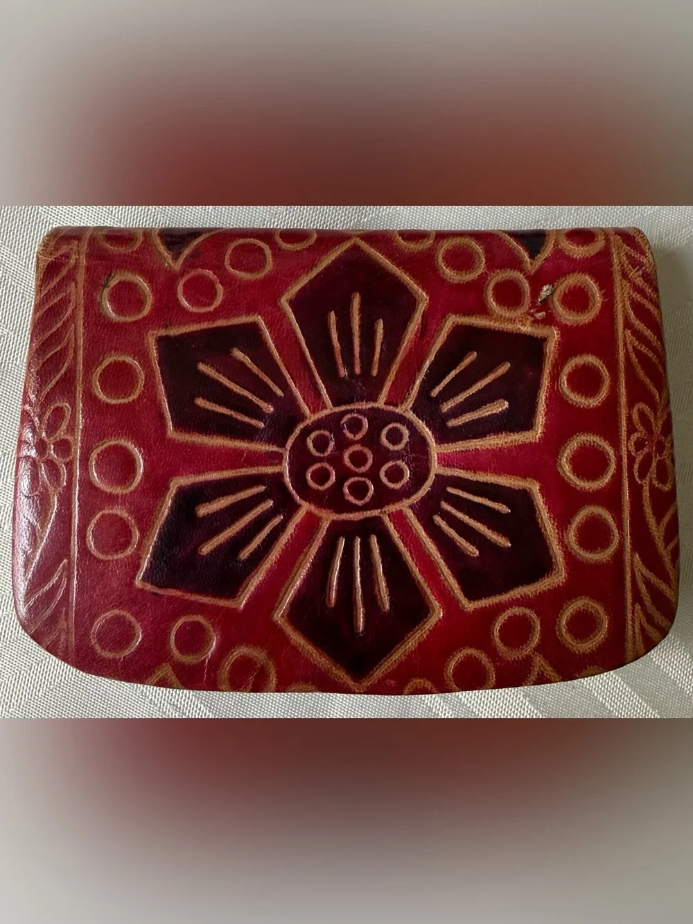Handcrafted Red and Brown Leather Heart Coin Purse Tooled